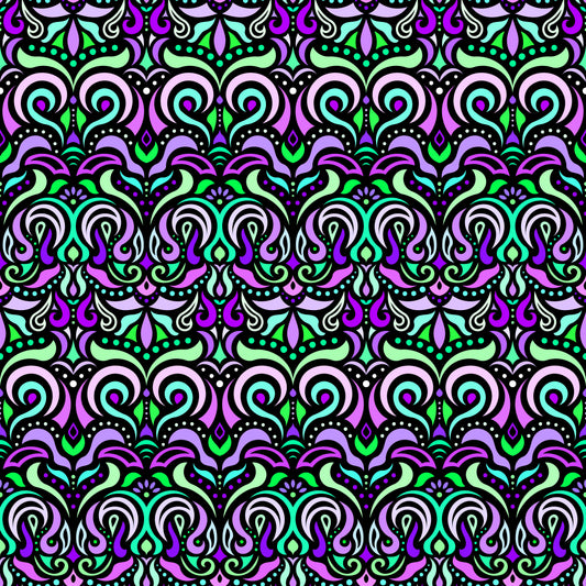 Green - Purple - Turquoise Abstract Doodle Fabric 1007