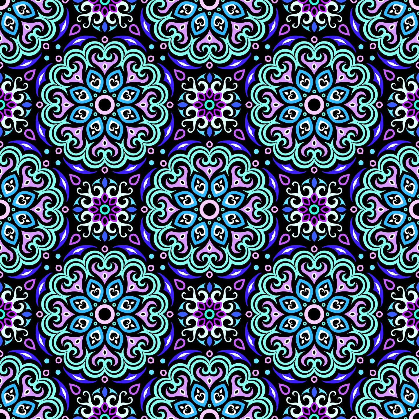 Turquoise - Purple - Blue Mandala Fabric - 155
