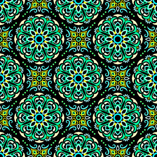 Green - Yellow - Turquoise Mandala Fabric - 160