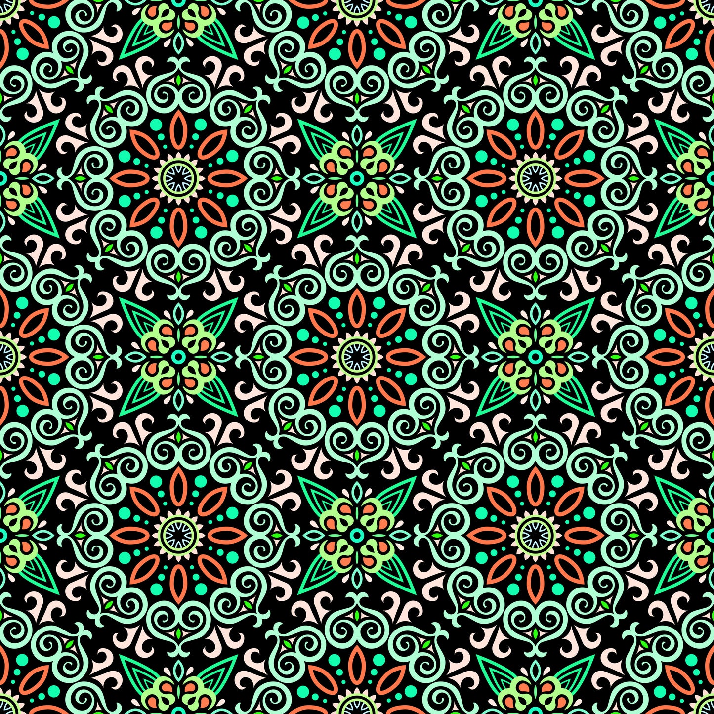 Turquoise - Orange - Green Mandala Fabric - 138