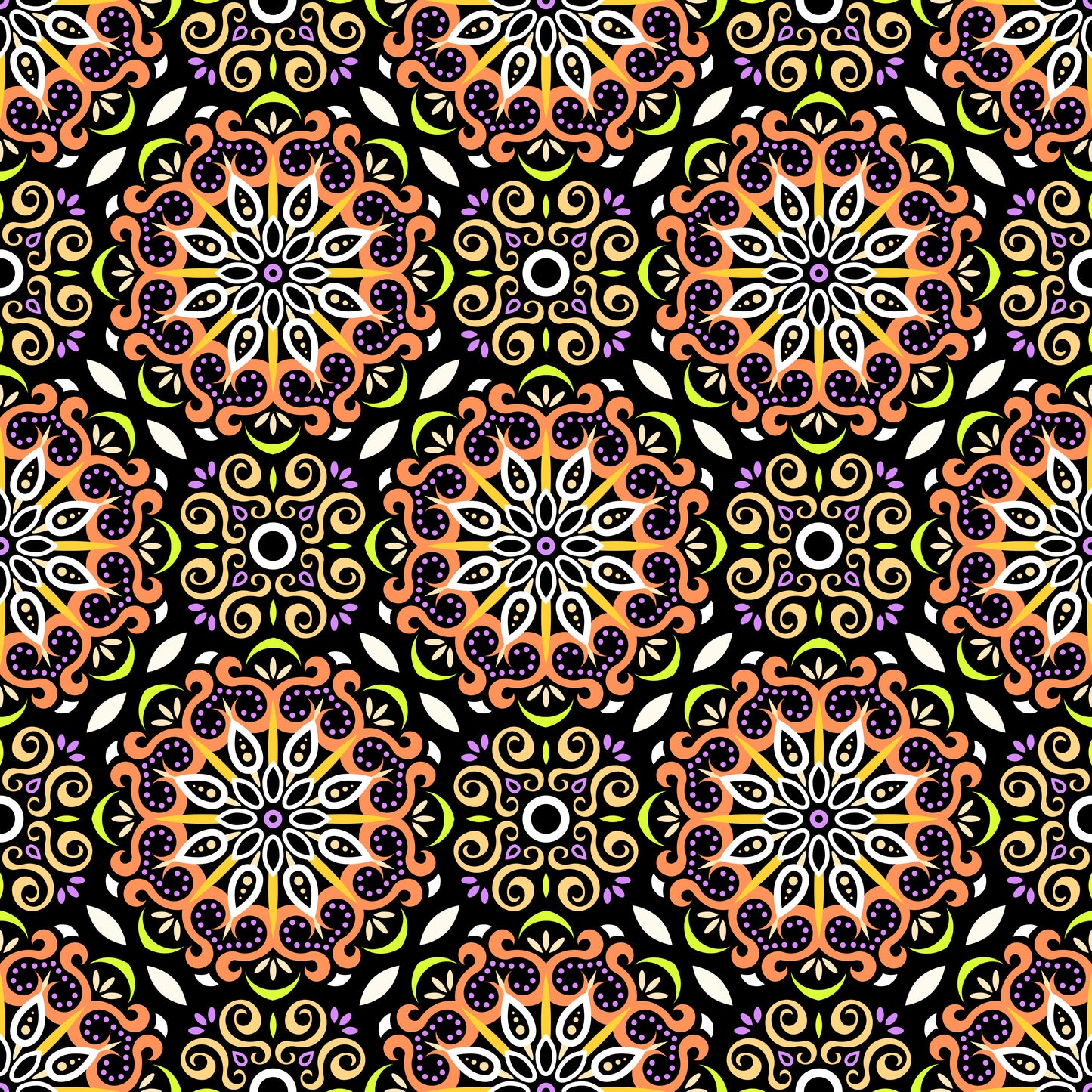 Orange - Green - Purple Mandala Fabric - 165