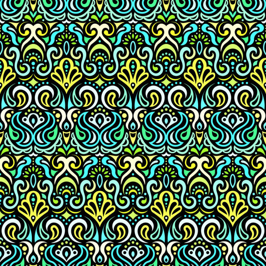 Turquoise - Yellow - Green Abstract Doodle Fabric 1002