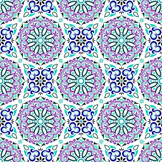 Turquoise - Purple - Blue Mandala Fabric - 166i