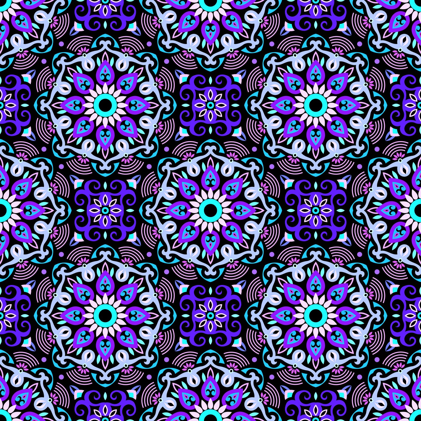 Blue - Purple - Turquoise Mandala Fabric - 140