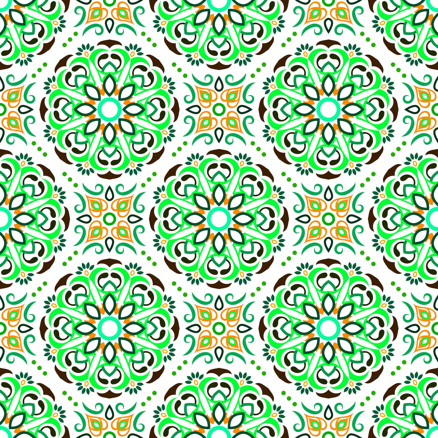 Green - Orange Mandala Fabric - 160i
