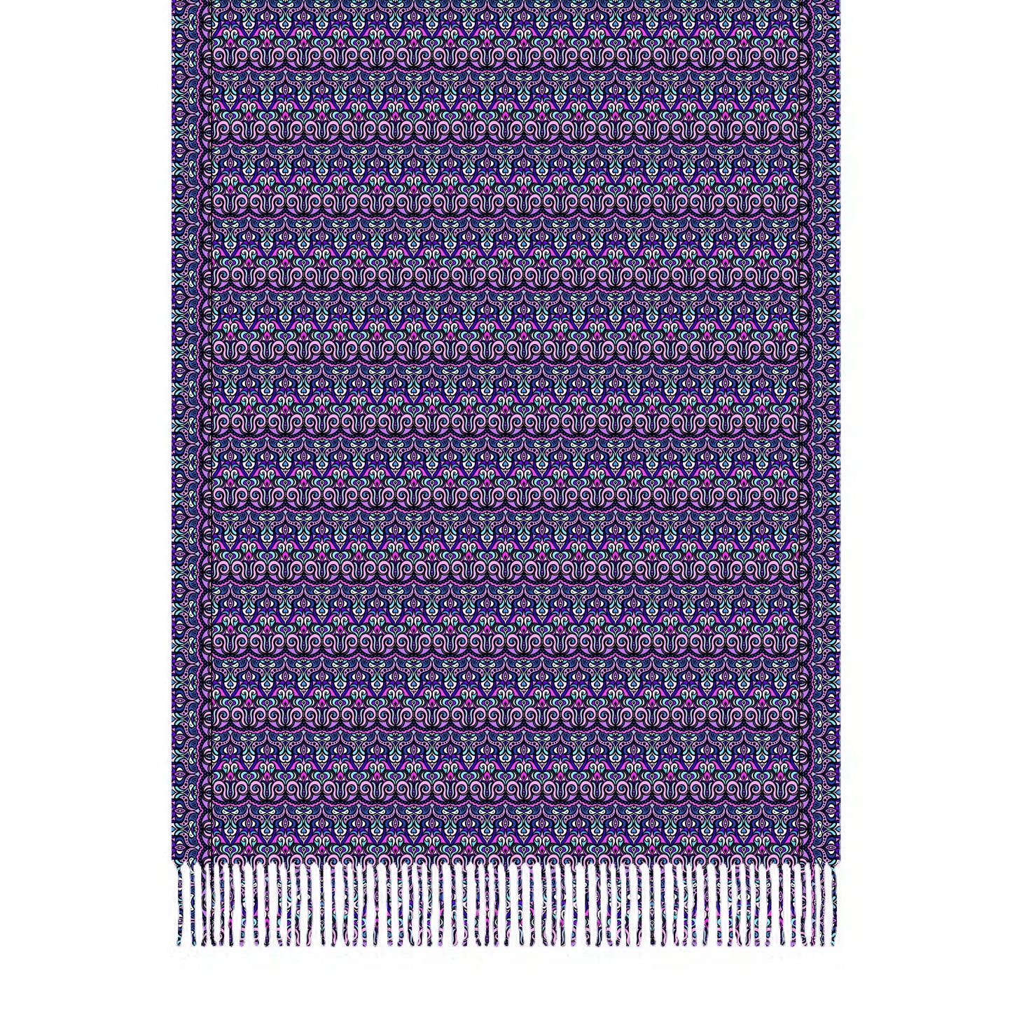 Purple - Pink - Turquoise Abstract Doodle Scarf with Tassels