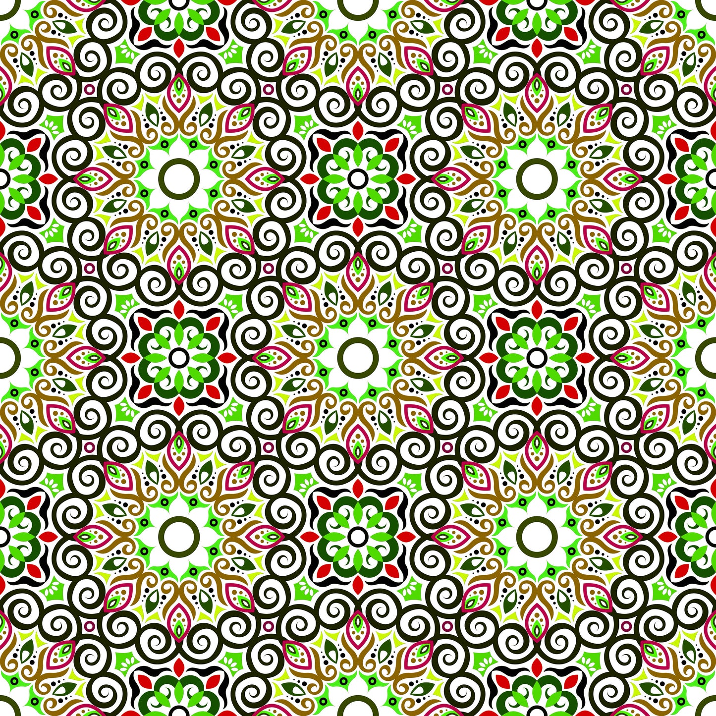 Green - Red - Brown Mandala Fabric - 125i
