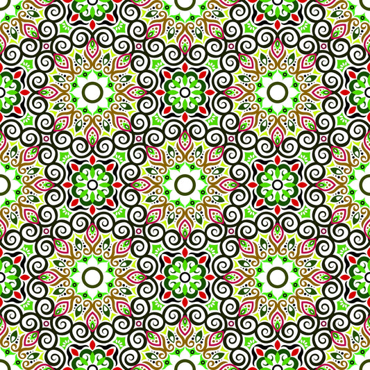 Green - Red - Brown Mandala Fabric - 125i