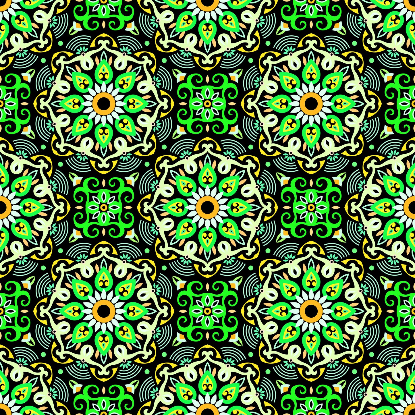 Green - Yellow - Orange Mandala Fabric - 140