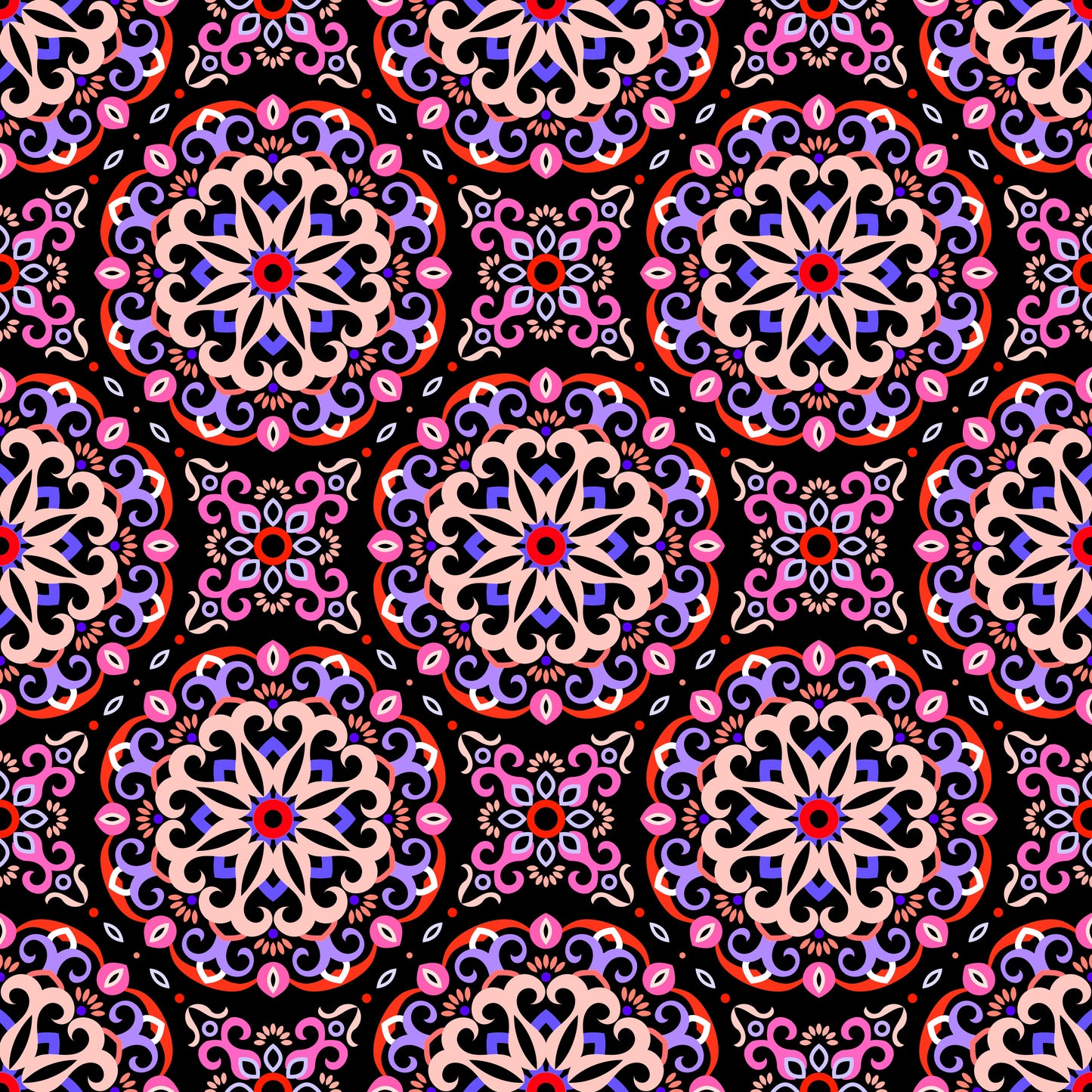 Red - Blue - Pink Mandala Fabric - 188