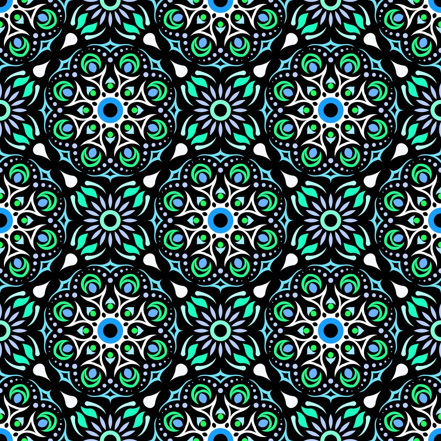 Pattern of interlocking circular shapes with blue, green, and black colors on a black background.