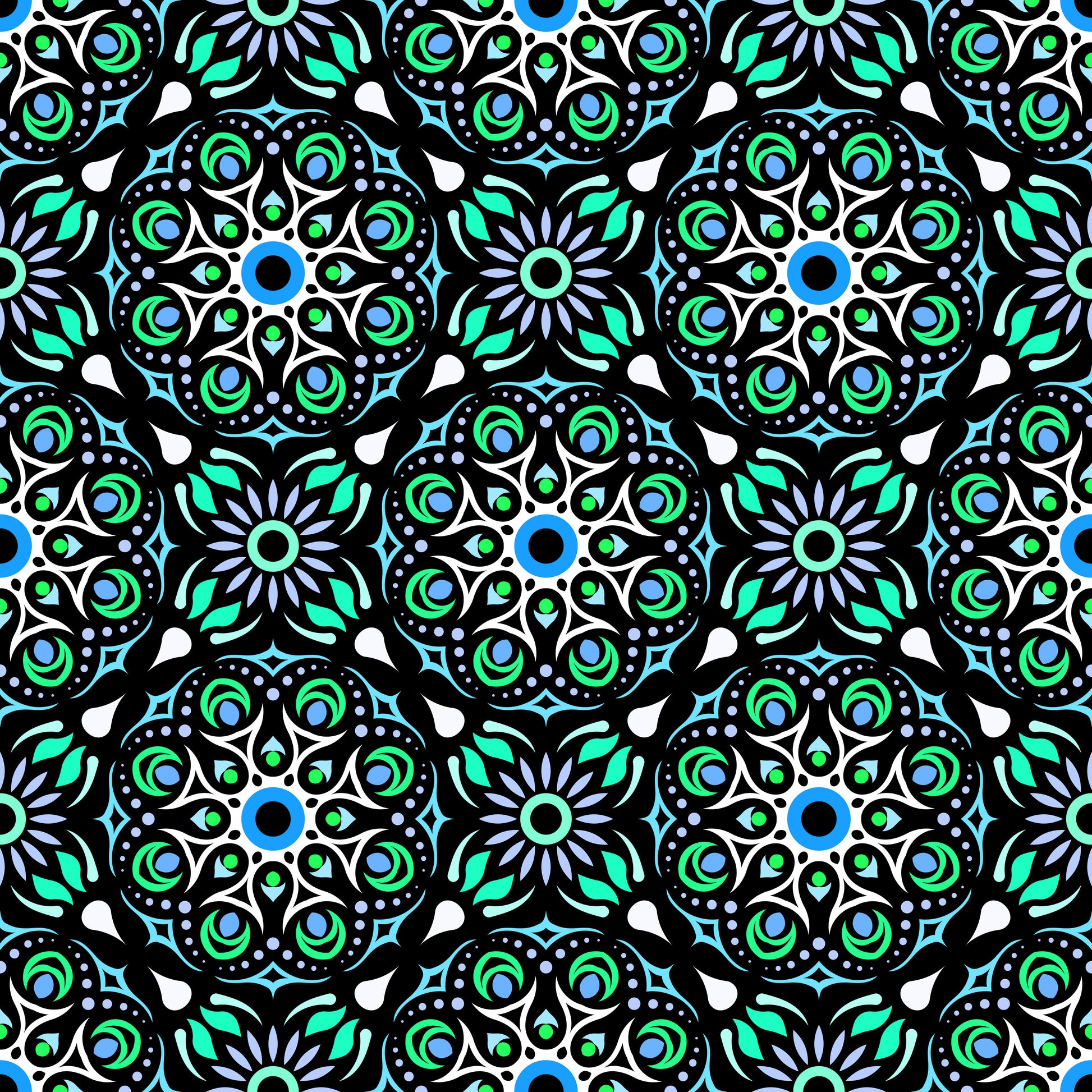 Pattern of interlocking circular shapes with blue, green, and black colors on a black background.