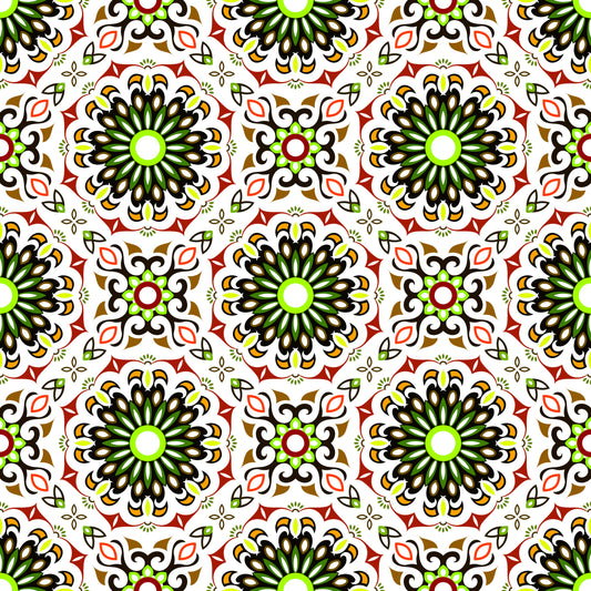 Green - Red - Brown Mandala Fabric - 198i