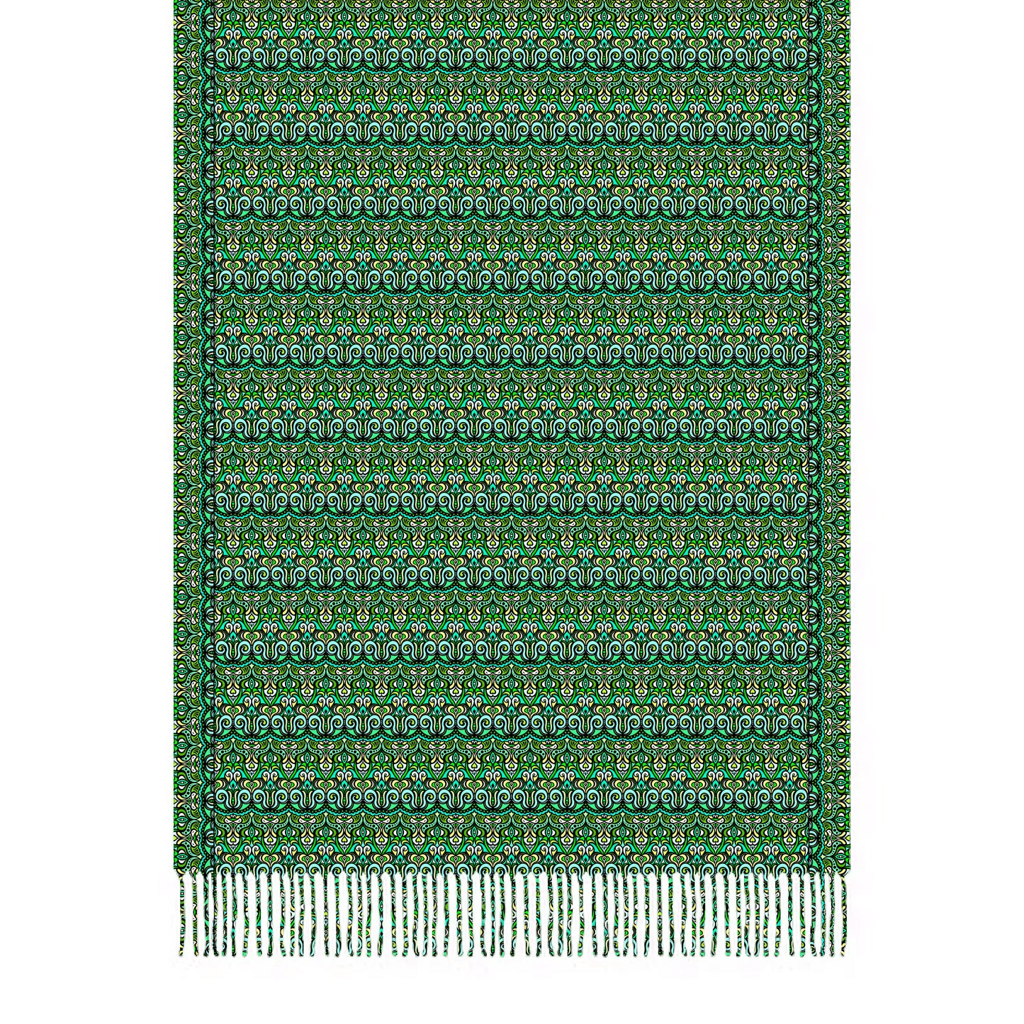 Green - Yellow - Turquoise Abstract Doodle Scarf with Tassels