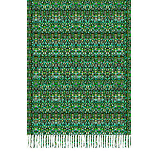 Green - Yellow - Turquoise Abstract Doodle Scarf with Tassels