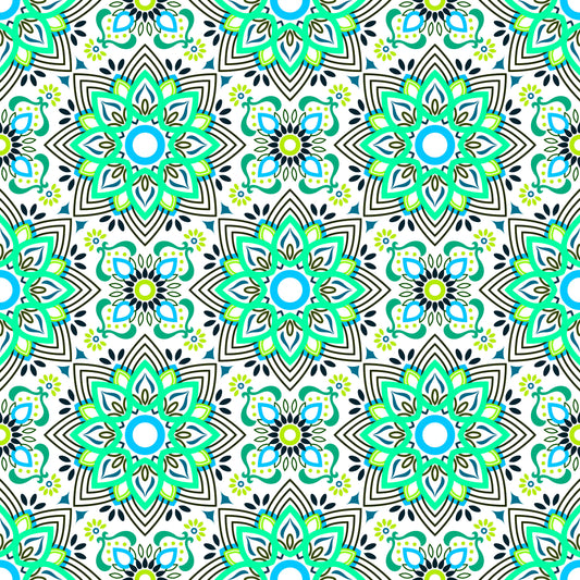 Turquoise - Blue - Green Mandala Fabric - 145i