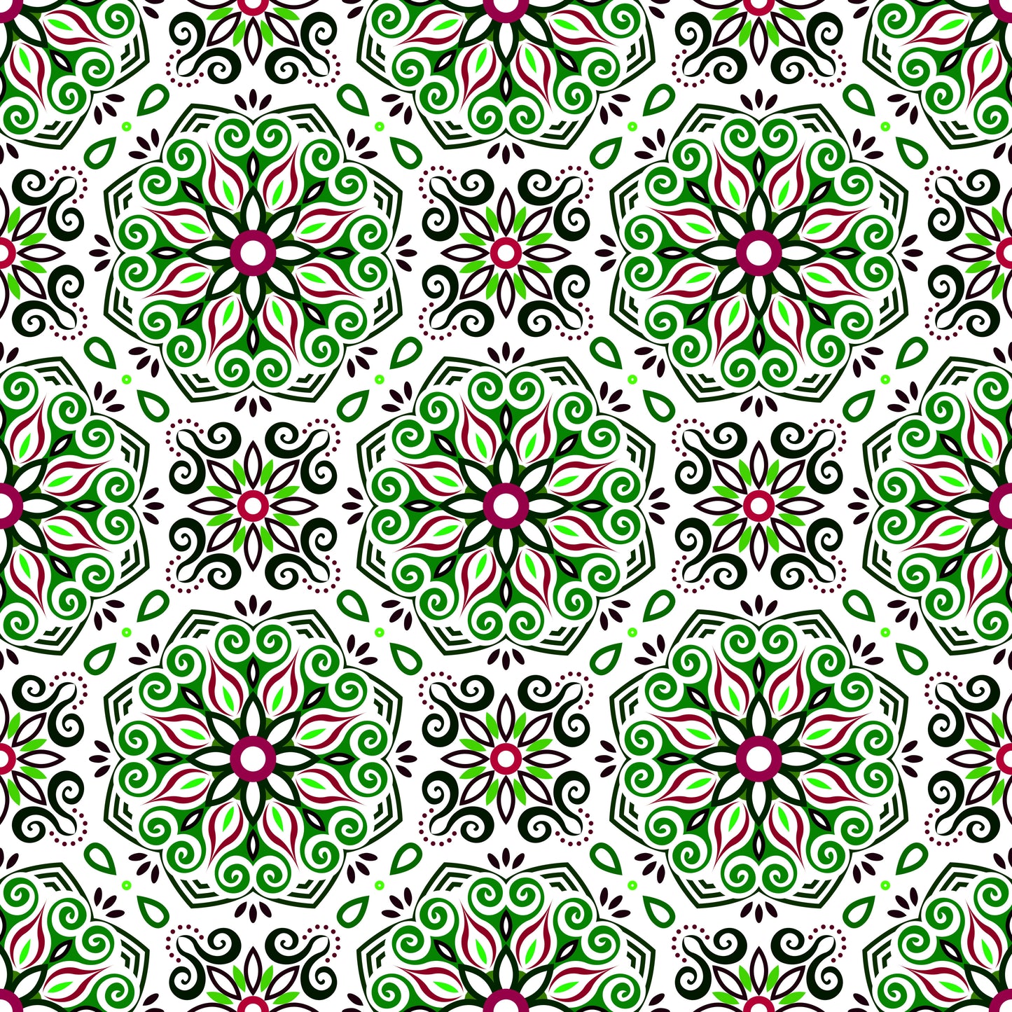 Green - Red Mandala Fabric - 203i