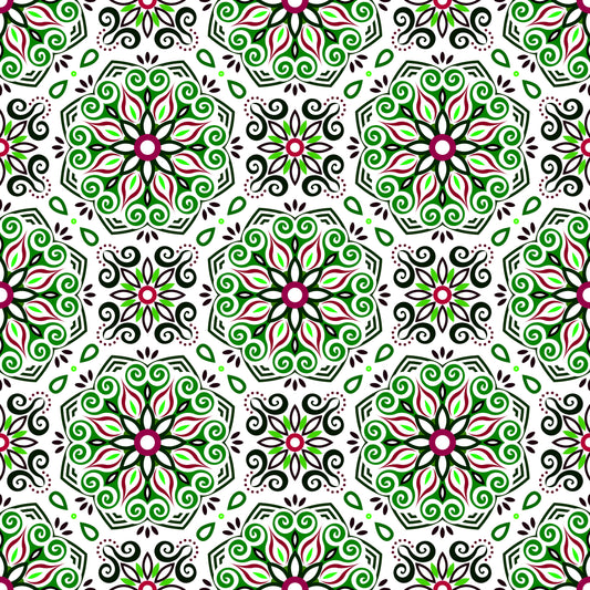 Green - Red Mandala Fabric - 203i
