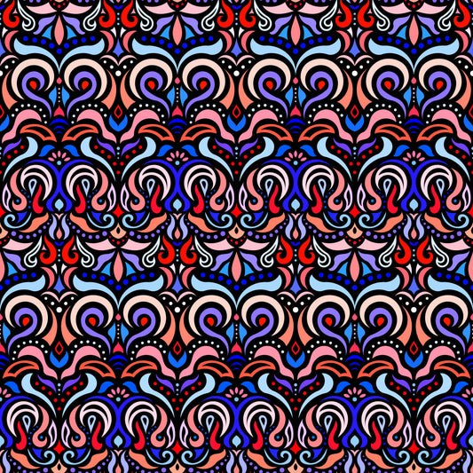 Blue - Red Abstract Doodle Fabric 1007