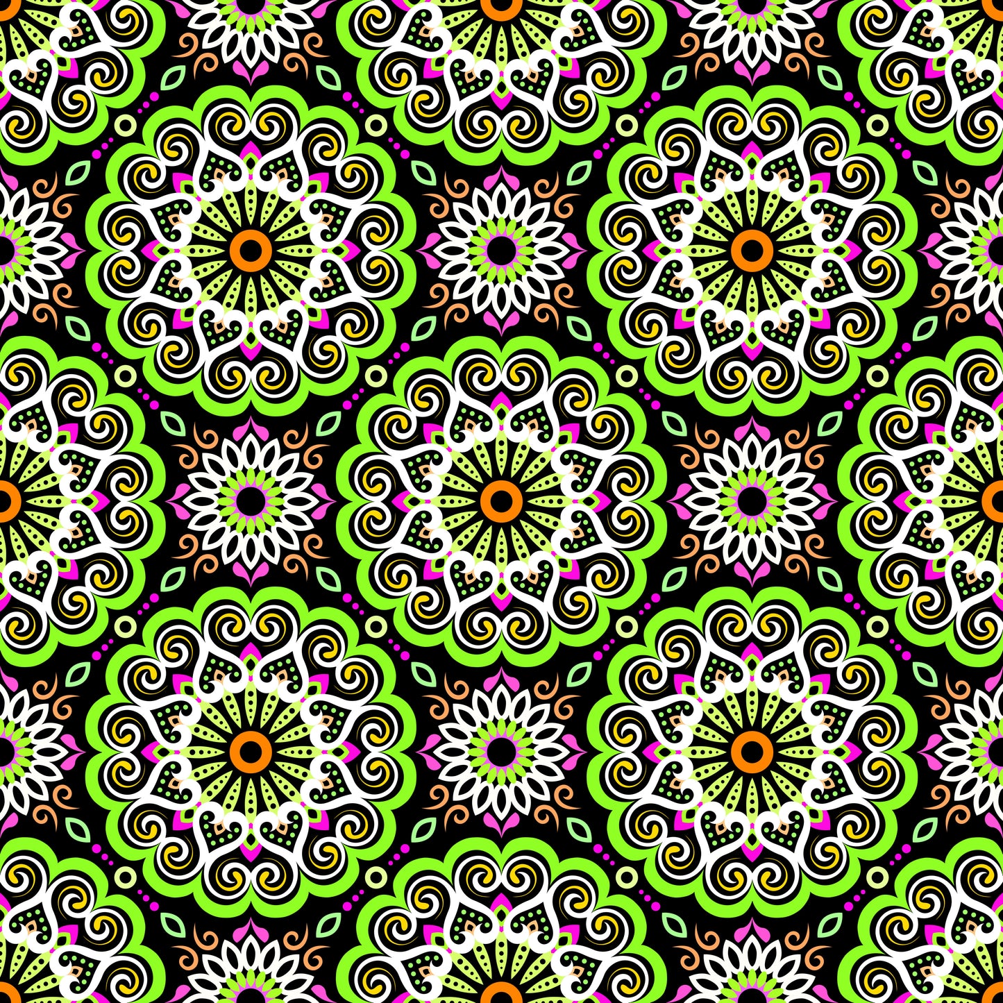 Green - Pink - Orange Mandala Fabric - 179