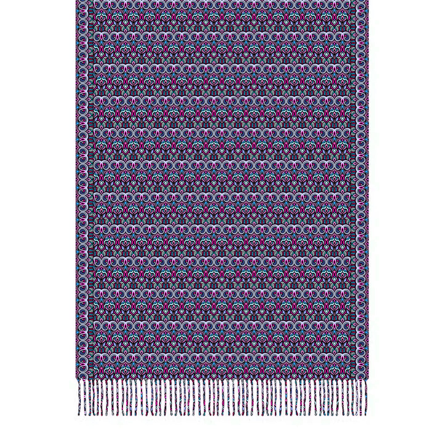 Pink - Blue Abstract Doodle Scarf with Tassels