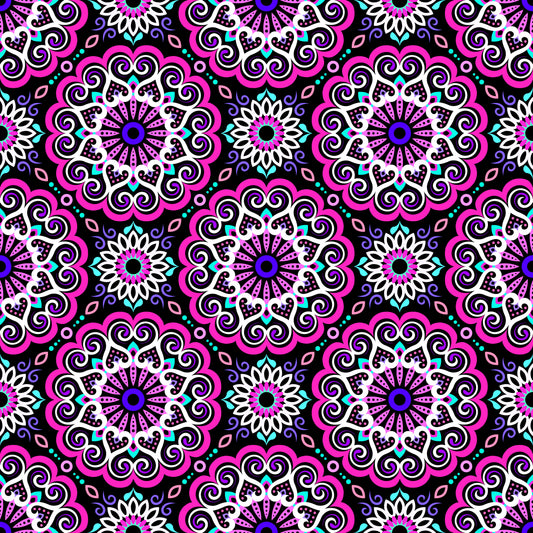 Pink - Purple - Turquoise Mandala Fabric - 179