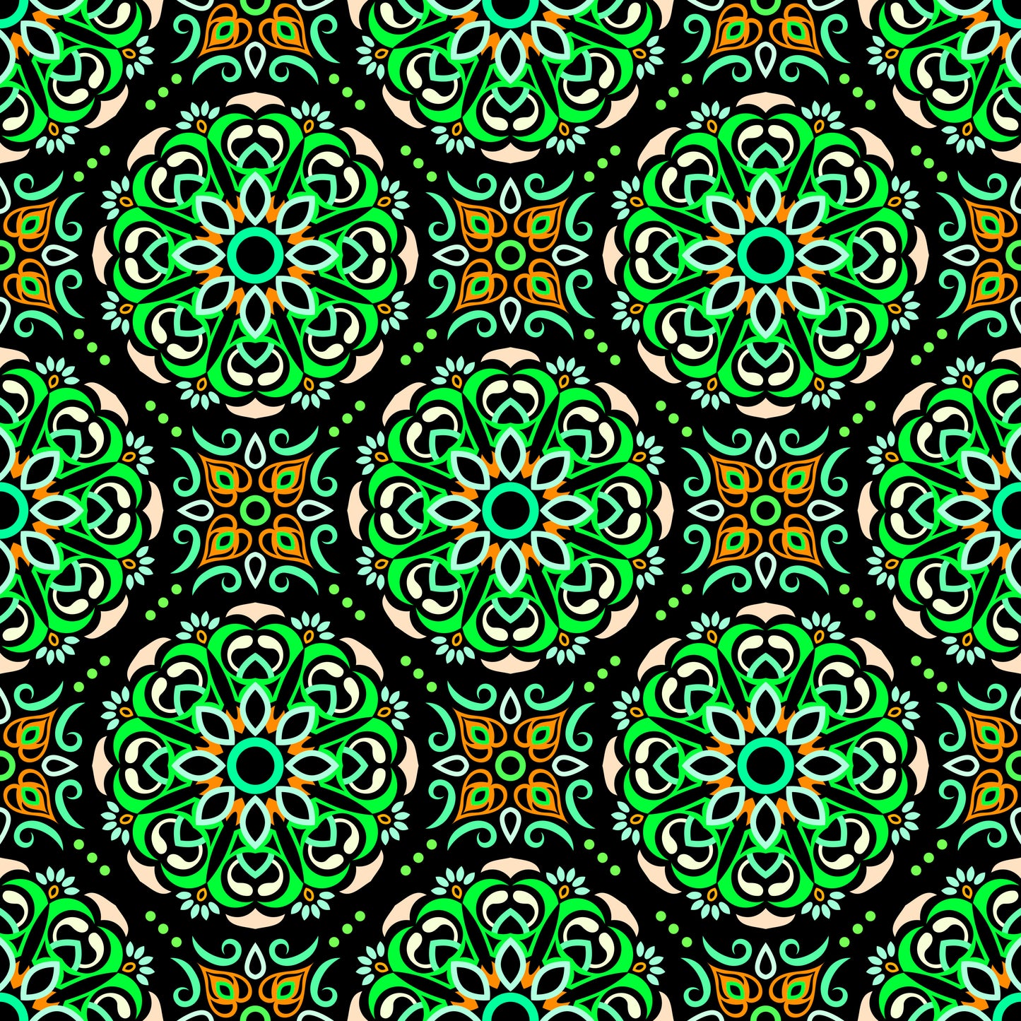 Green - Orange - Turquoise Mandala Fabric - 160