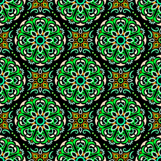 Green - Orange - Turquoise Mandala Fabric - 160