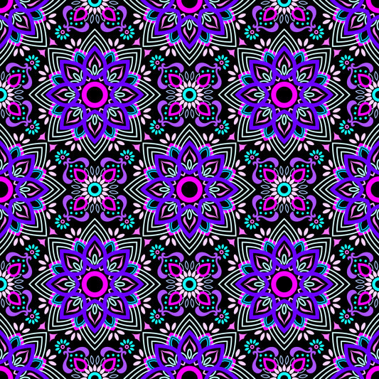 Purple - Turquoise - Pink Mandala Fabric - 145