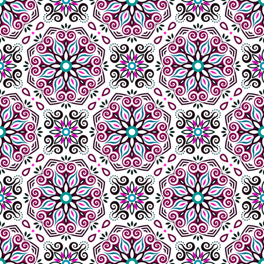 Maroon - Turquoise - Pink Mandala Fabric - 203i