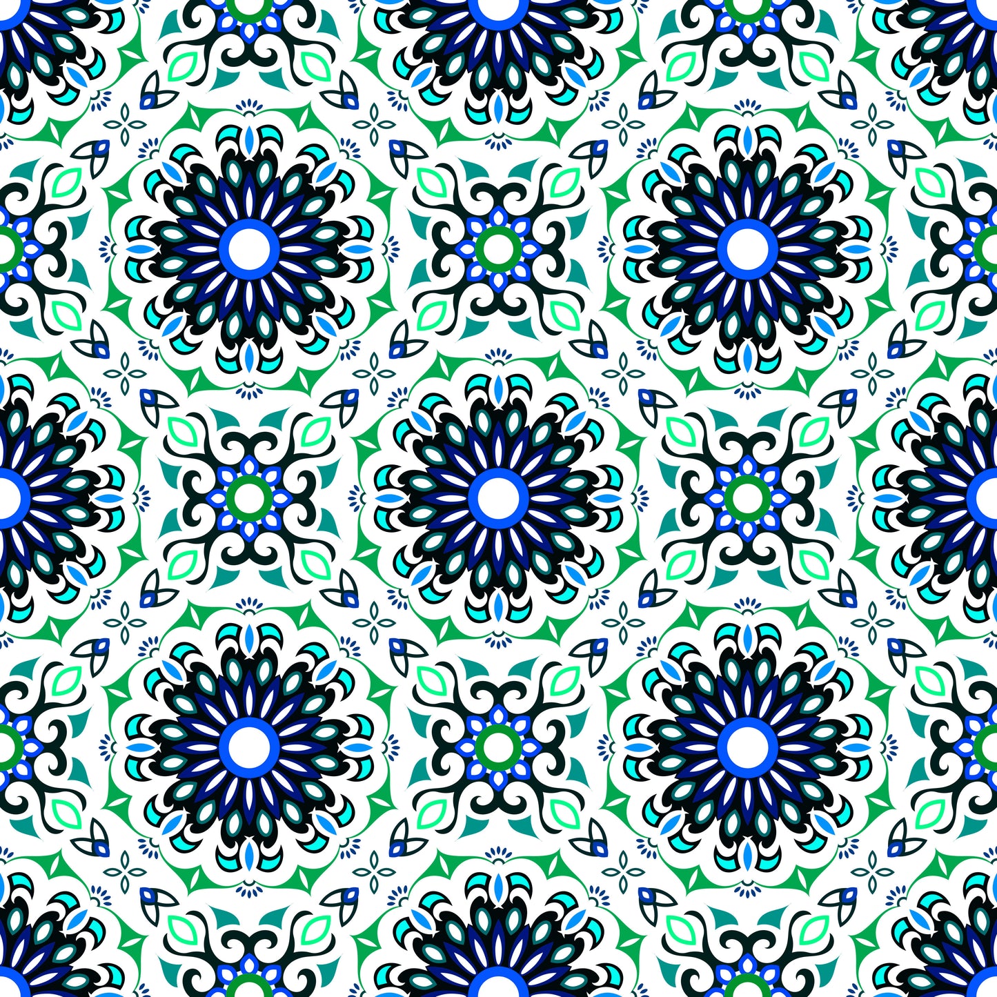 Green - Turquoise - Blue Mandala Fabric - 198i