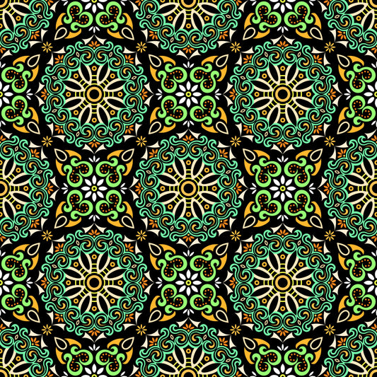 Turquoise - Orange - Green Mandala Fabric - 166