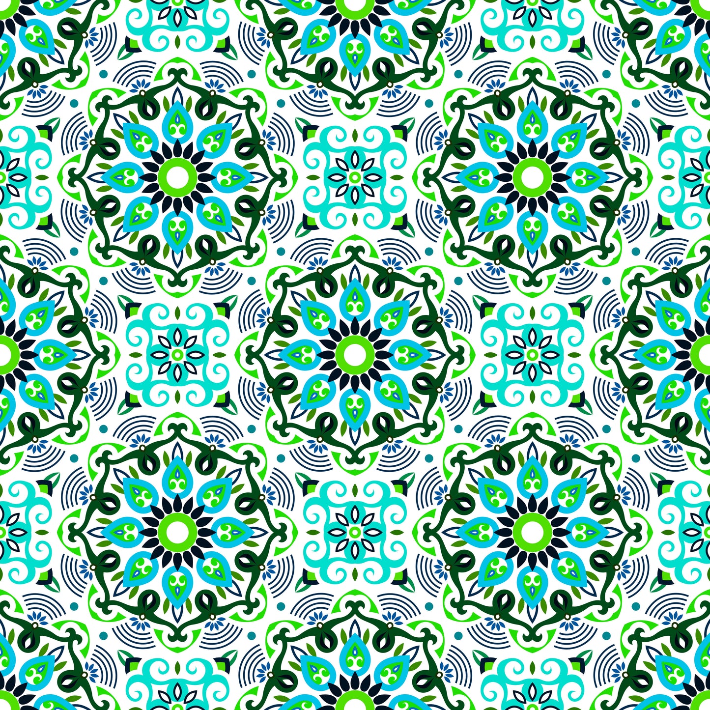 Turquoise - Green - Blue Mandala Fabric - 140i