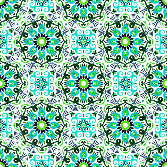 Turquoise - Green - Blue Mandala Fabric - 140i