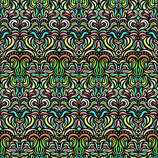 Turquoise - Orange - Green - Yellow Abstract Doodle Fabric 1013.2
