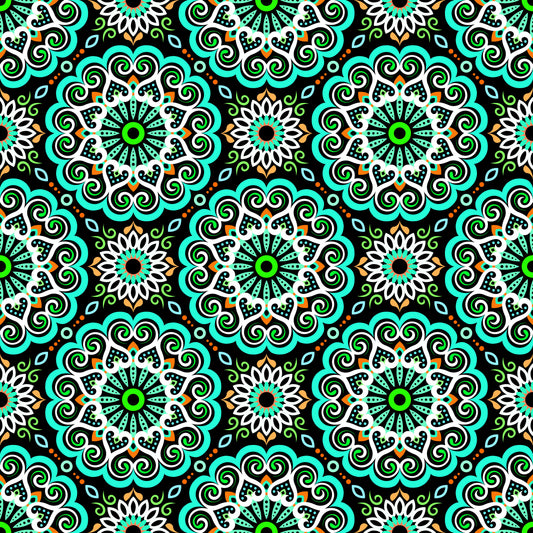 Turquoise - Orange - Green Mandala Fabric - 179