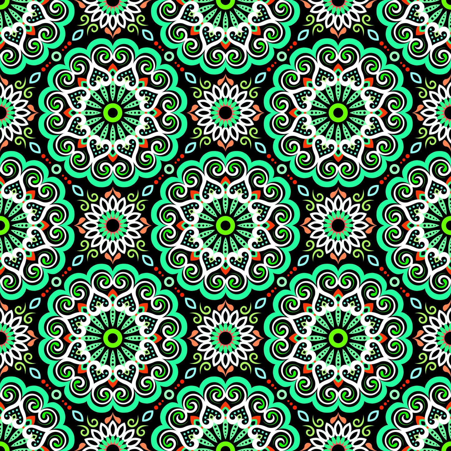 Turquoise - Red - Green Mandala Fabric - 179