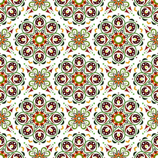 Green - Orange - Brown Mandala Fabric - 183i