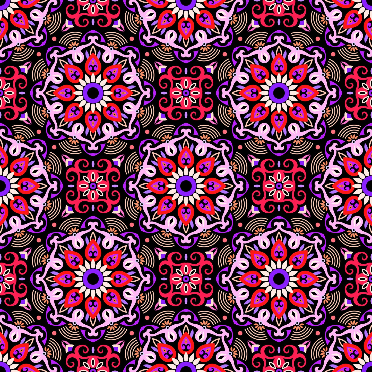 Purple - Red - Orange Mandala Fabric - 140