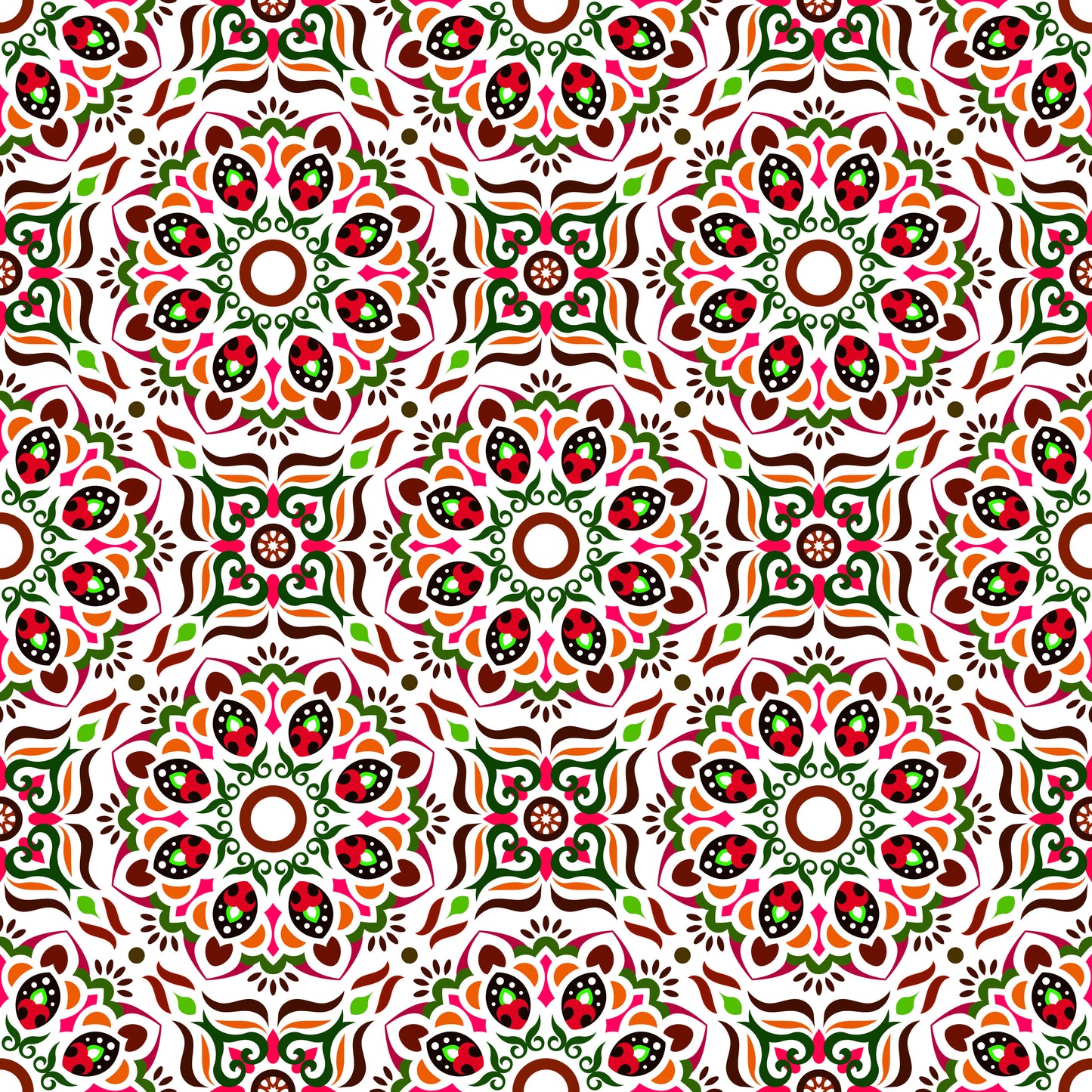 Red - Green - Orange Mandala Fabric - 186i