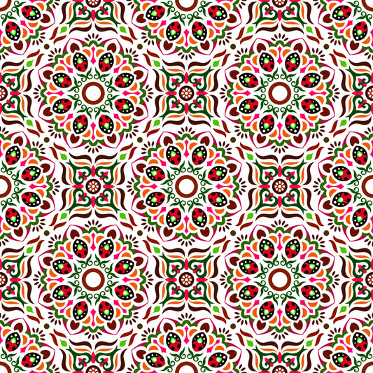 Red - Green - Orange Mandala Fabric - 186i