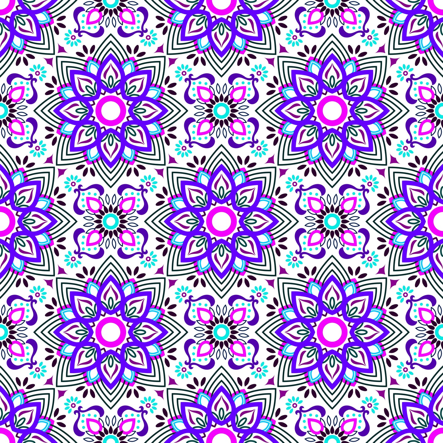 Purple - Turquoise - Pink Mandala Fabric - 145i
