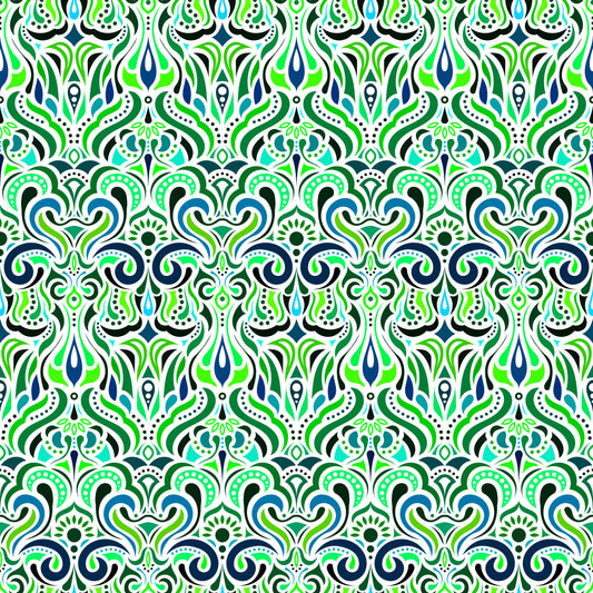 Green - Turquoise - Blue Abstract Doodle Fabric 1012i
