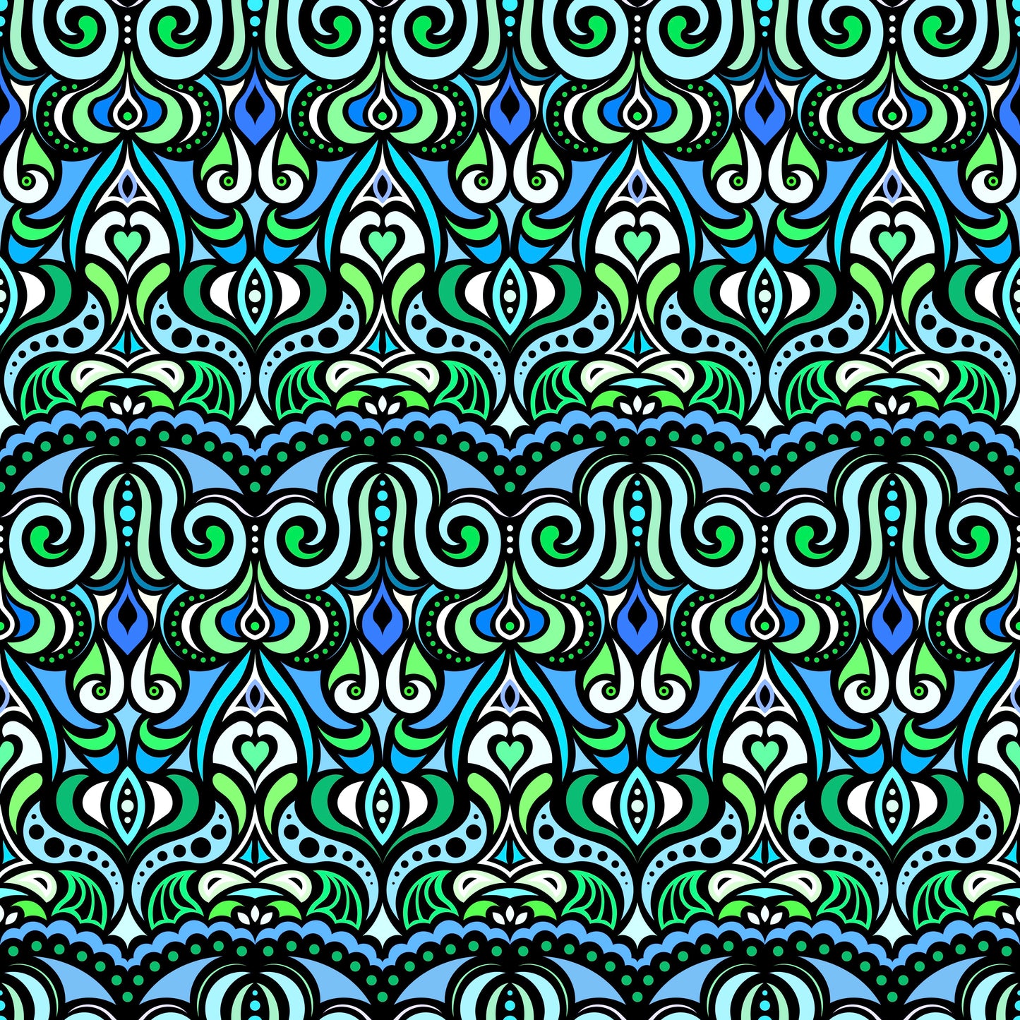 Turquoise - Green - Blue Abstract Doodle Fabric 1010.2