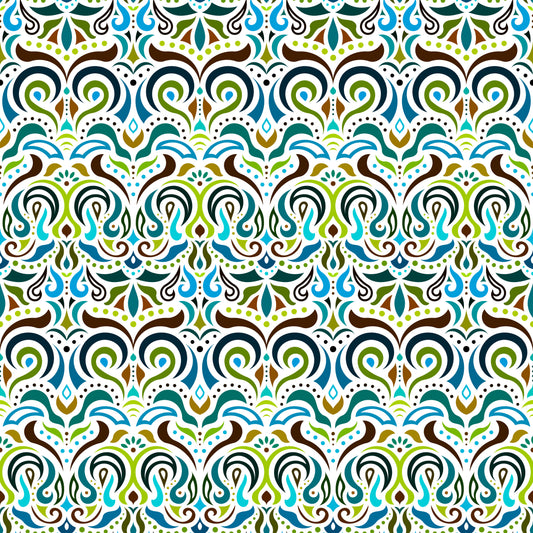 Green - Blue - Brown Abstract Doodle Fabric 1007i