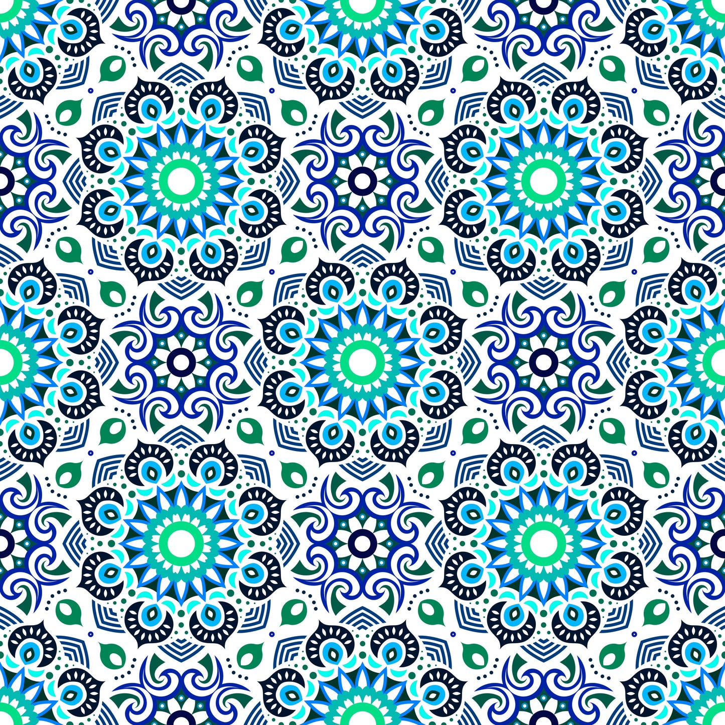 Turquoise - Blue - Green Mandala Fabric - 193i