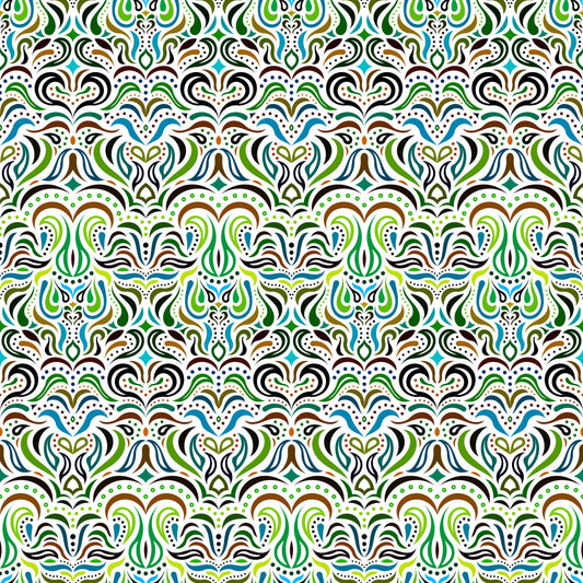 Green - Blue - Brown Abstract Doodle Fabric 1013.2i