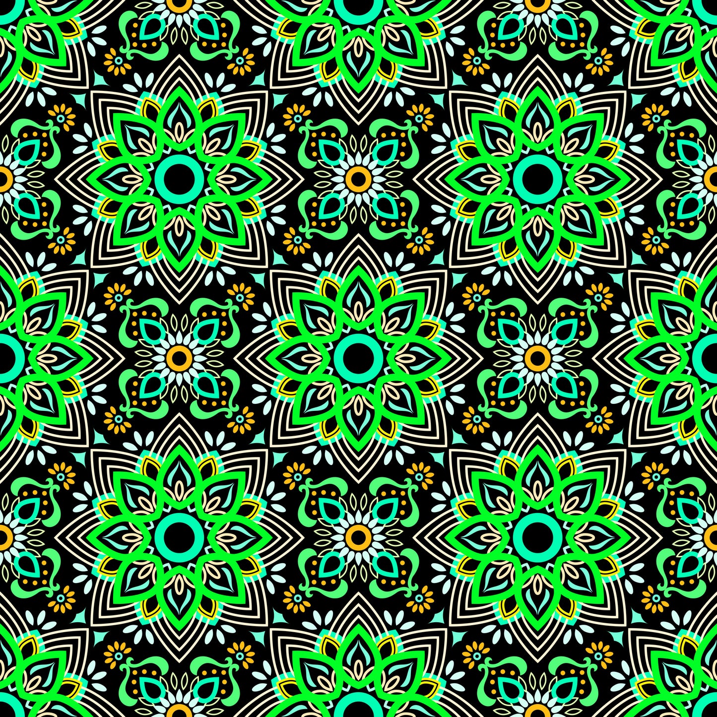 Green - Yellow - Turquoise Mandala Fabric - 145