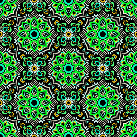 Green - Yellow - Turquoise Mandala Fabric - 145