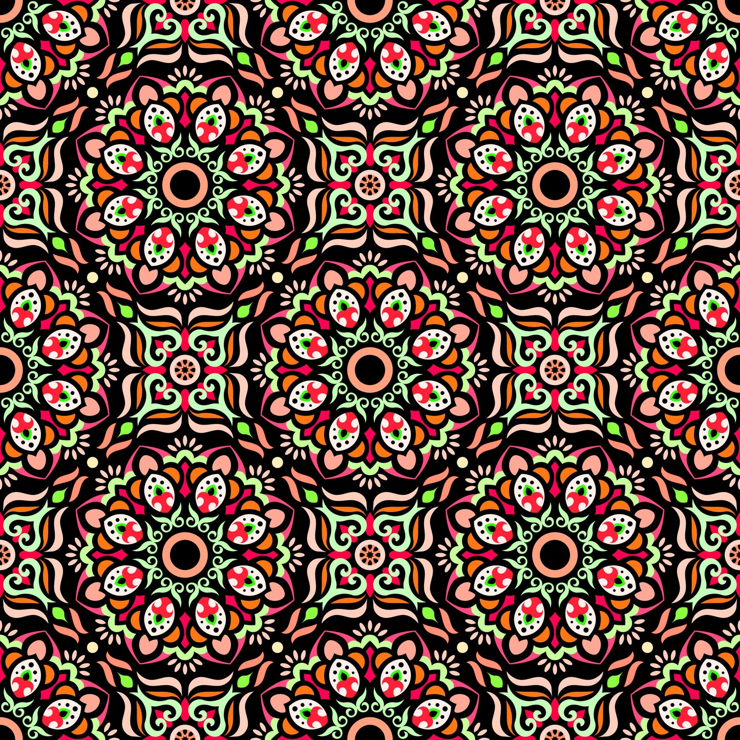 Orange - Green - Red Mandala Fabric - 186